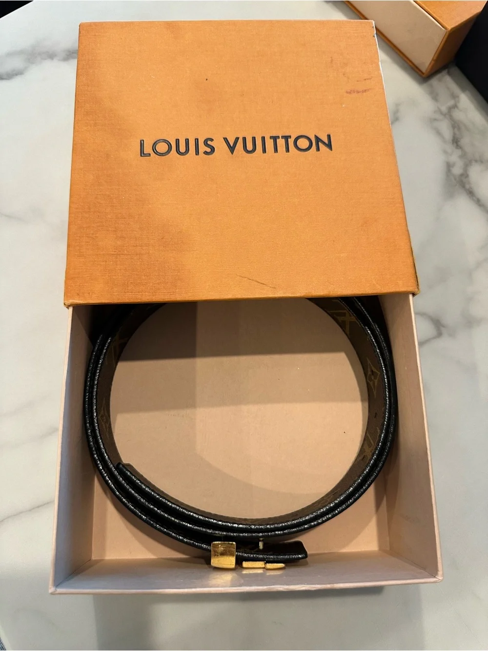 Louis Vuitton Black Leather Belt with Gold LV Buckle